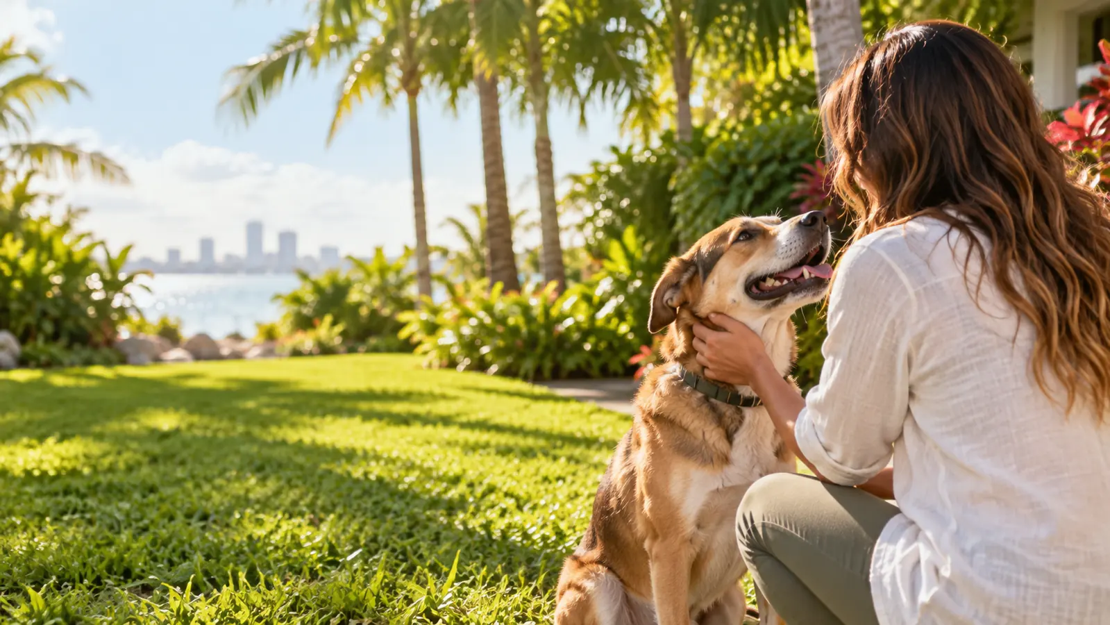 Happy dogs walking in a garden