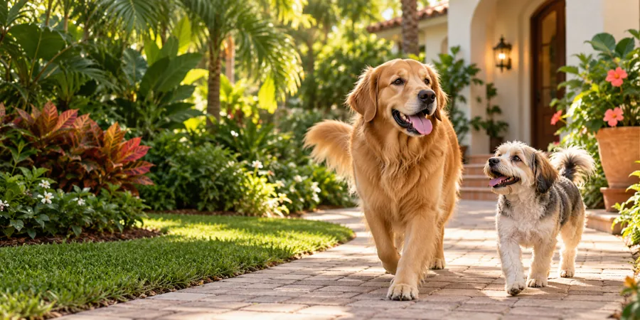Two dogs walking together outside a welcoming home
