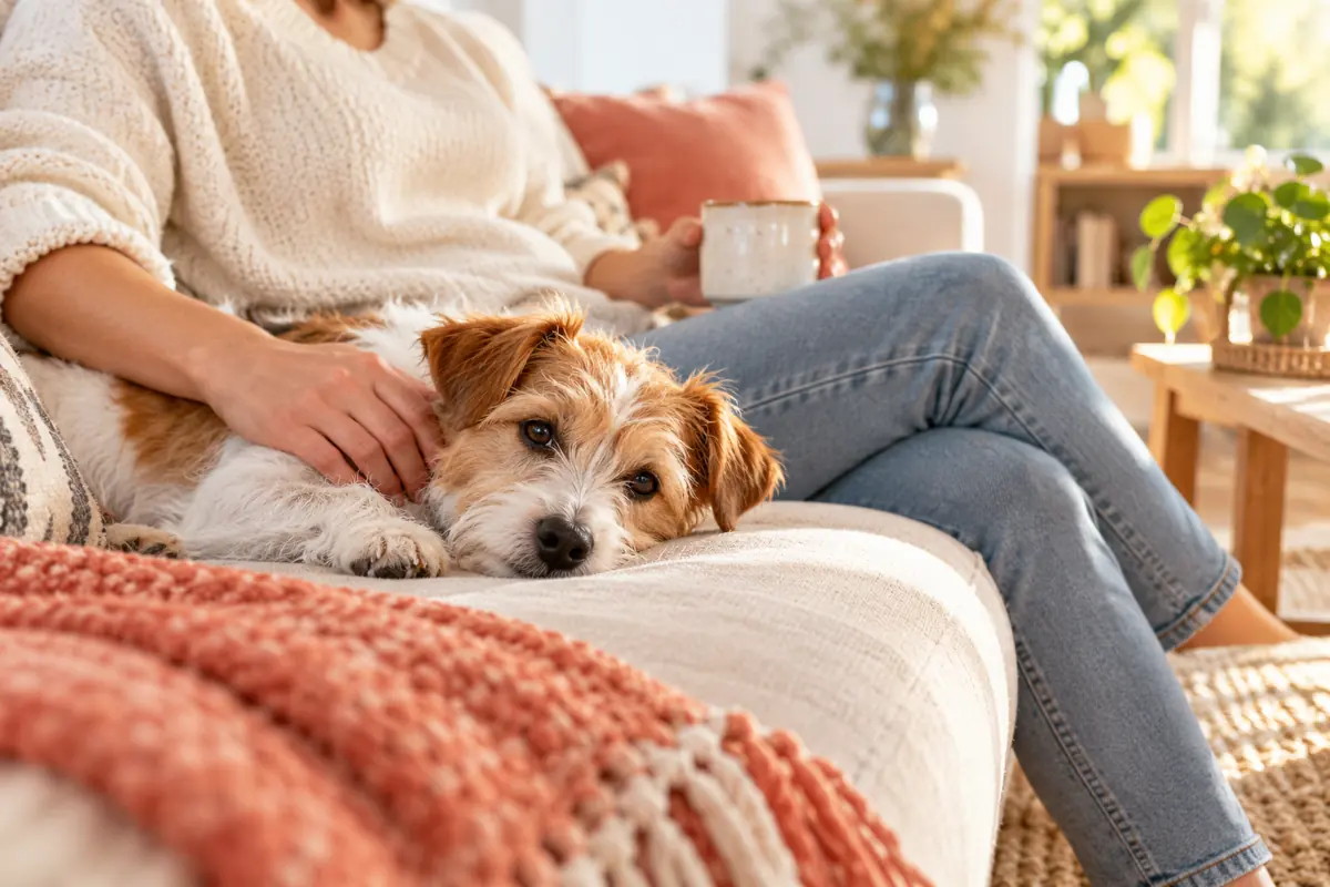 Dog resting beside a caregiver on a sofa