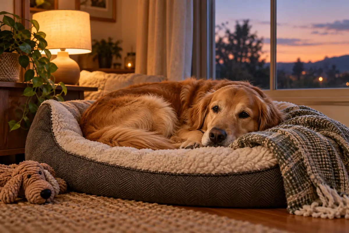 Dog resting in a comfortable bed at night