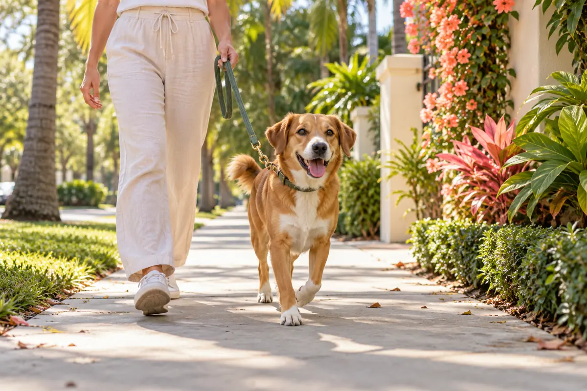 Dog enjoying a walk with a caregiver in Miami